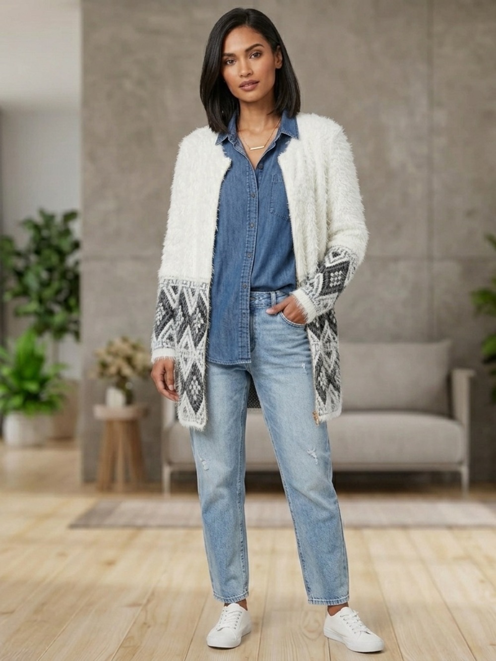 Style Aztec tribal print open front fuzzy Cardigan Small